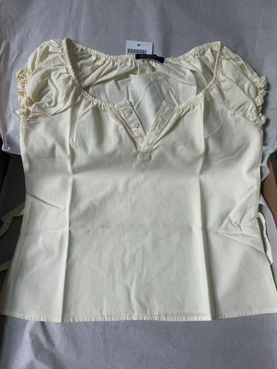 Gule t-shirts med snøre og flæseærmer til kvinder, sommer, enkle, afslappede, hør-bomuld, u-hals, knapper, søde, preppy-stil t-shirts: Lilla