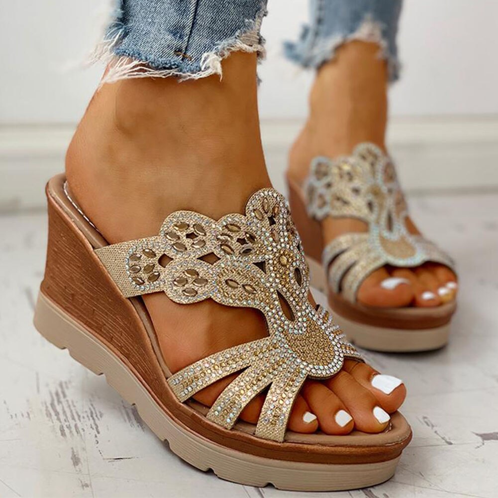 Karinluna-sandales à talons hauts à plateforme, chaussures d'été décontracté, Mules compensées et pantoufles pour femmes, sans lacet: Or / 8.5