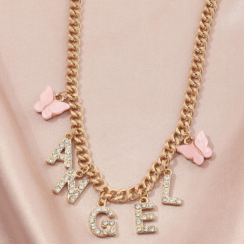 Leuke Vlinder Choker Ketting Voor Vrouwen Meisjes Baby Honing Angel Crystal Letters Hanger Ketting Kraag Ketting Trendy Sieraden