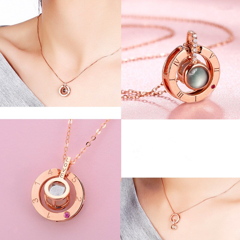 Romantische Liefde Geheugen Initial Ketting Rose Goud & Zilver 100 Talen I Love U Projectie Hanger Ketting Collier Femme