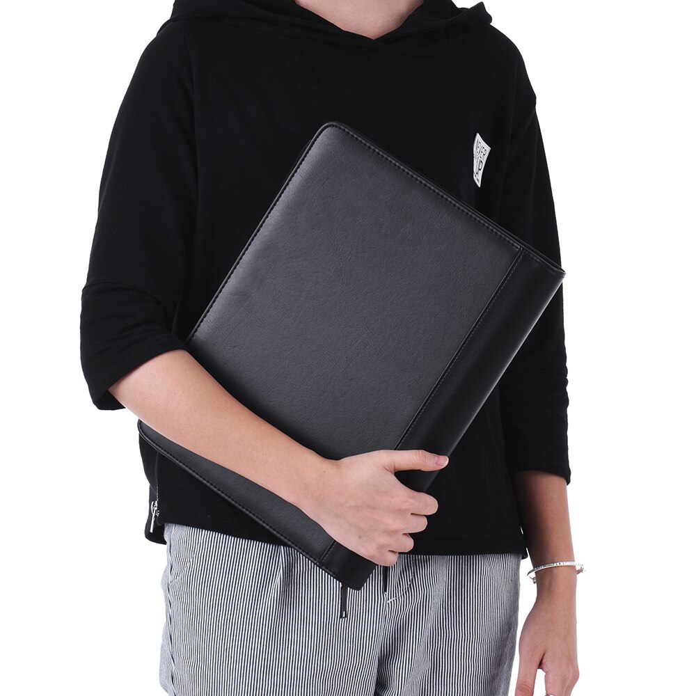 Multifunctional Business Portfolio Folder Document Case Organizer A4 PU Leather Zippered Closure Loose-leaf Loop