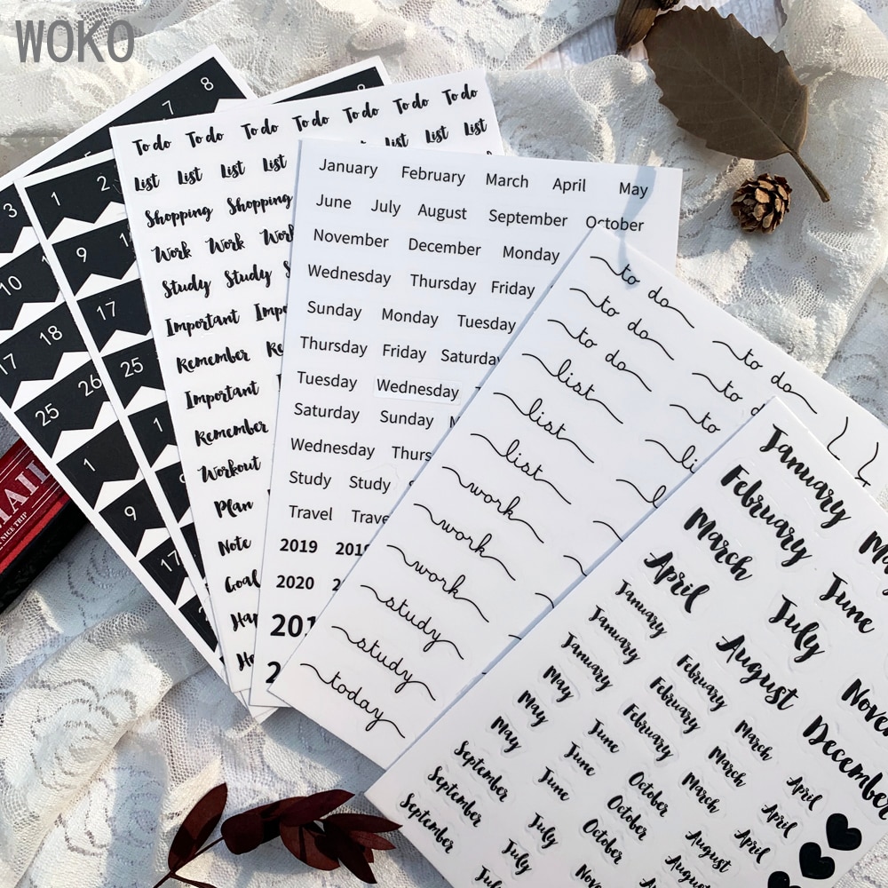 WOKO 8pcs Black Basic Calendar Week Plan Date Number Retro Simple Monthly Deco Stickers DIY Scrapbooking Planner Photo