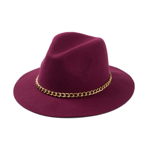 Moderigtige kvinder 100%  uld sort burgunderrød fedora hat med guldkæde til damer: Rødvin