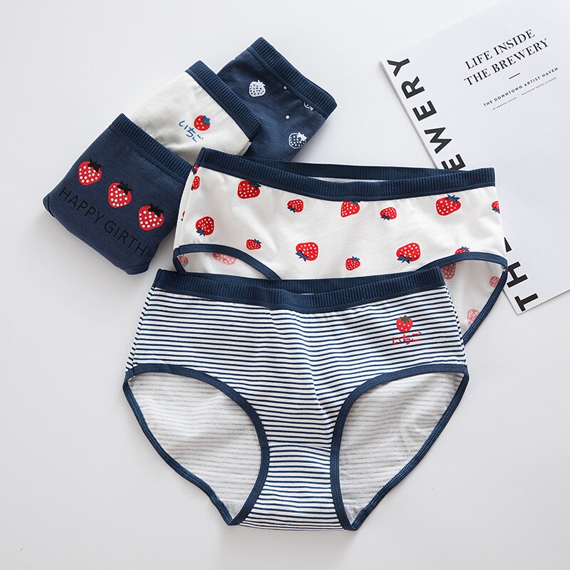 Sous-vêtements en coton bleu imprimé fraise, 6, pièces/ensemble, taille moyenne, entrejambe, culotte Triangle pour enfant et adolescent