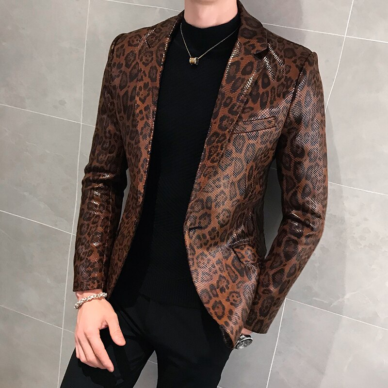 Jas Lederen Podium Kostuums Voor Zangers Losse Jas Blaser Homens Terno Masculino Herfst Luipaard Print Heren Blazer Huid Pak