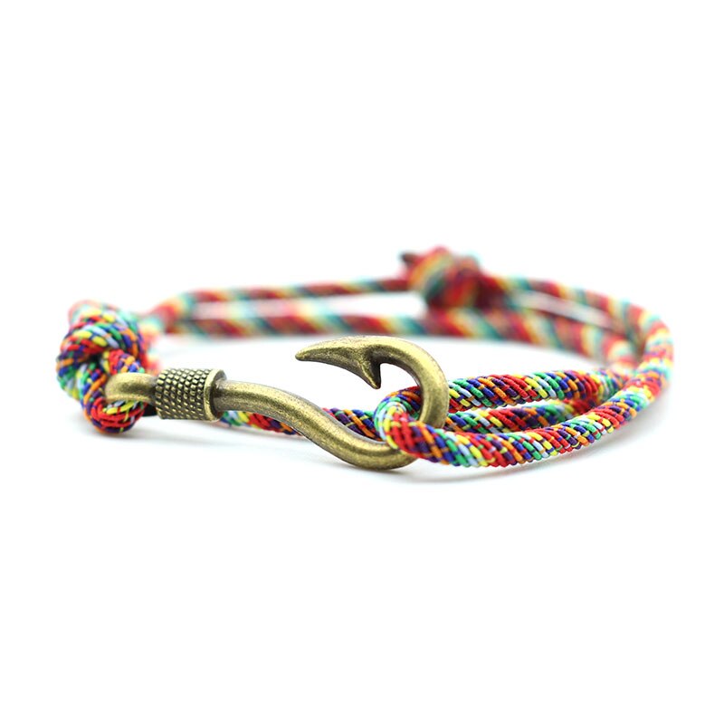 Vintage hameçon homme Bracelets accessoires mâle Double couche chanceux vin rouge Braslet tressé Bracelet réglable pour lui: Brun rougeâtre