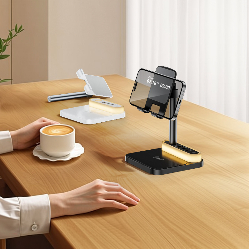 4-in-1 kabelloses Laden, universelles 15-W-Schnelllade-Nachtlicht, mobiler Multi-Port-Tablet-Ständer, kabelloses USB/C-Eingang.
