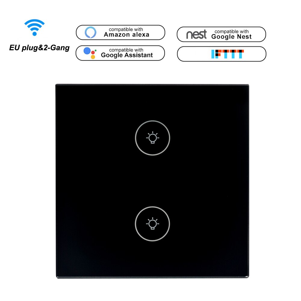Voice Control Switch Smart Life Wi-Fi Switch Remote Control Touch Panel Control Voice Control Timing Fuction for Android iOS: Black EU 2-Gang