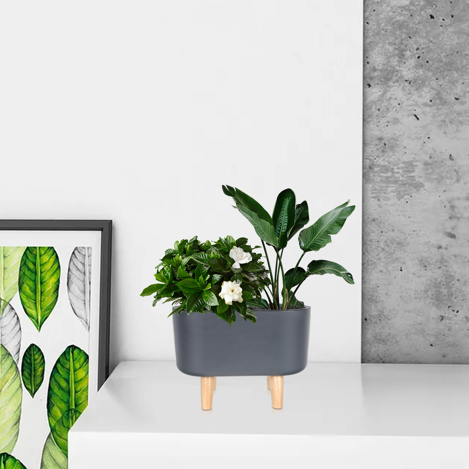Zelfwaterende bloempot, automatisch absorberende plantenpot, lichtgewicht, duurzame plantenbak van hout en kunststof voor tuin en terras.
