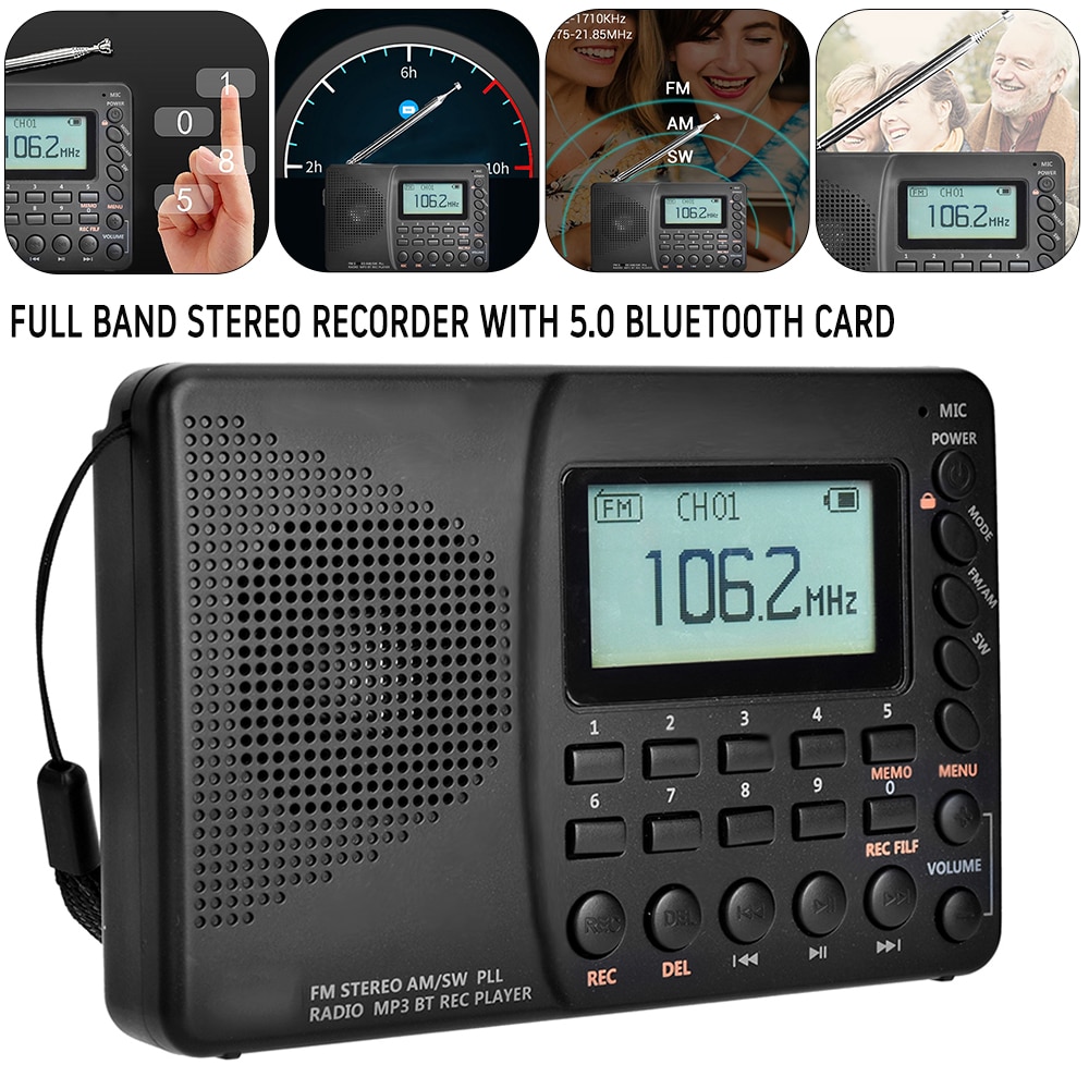 K -603 fuldbånds radio bluetooth fm am sw bærbare lommeradioer  mp3 digital rec recorder understøtter micro sd tf kort sleep timer