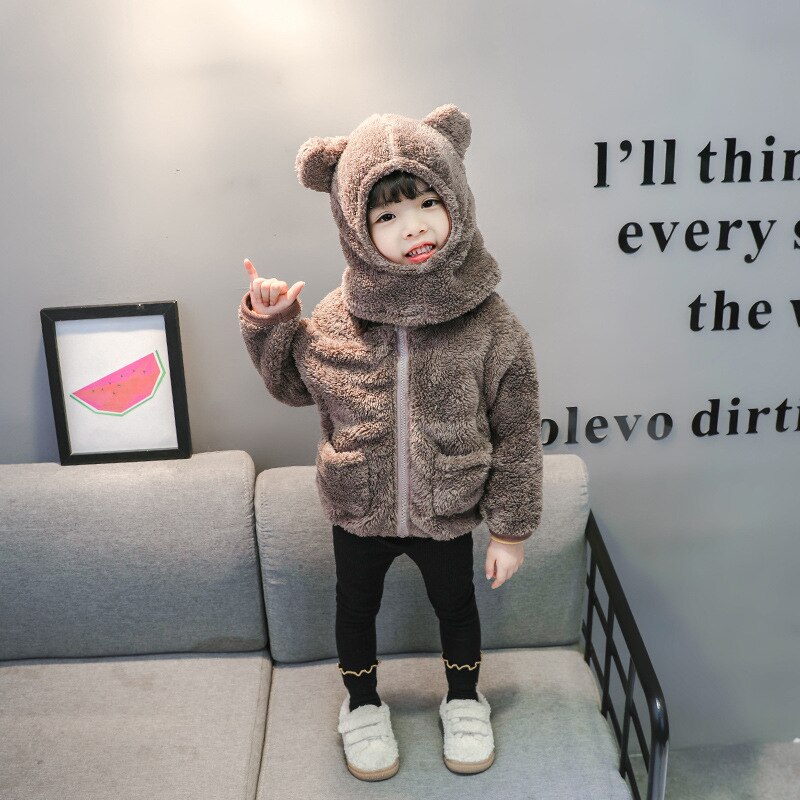 Veste et manteau pour bébé en velours corail, vêtement d'extérieur, à capuche, manteau épais avec chapeau d'ours pour garçons, automne nouveauté