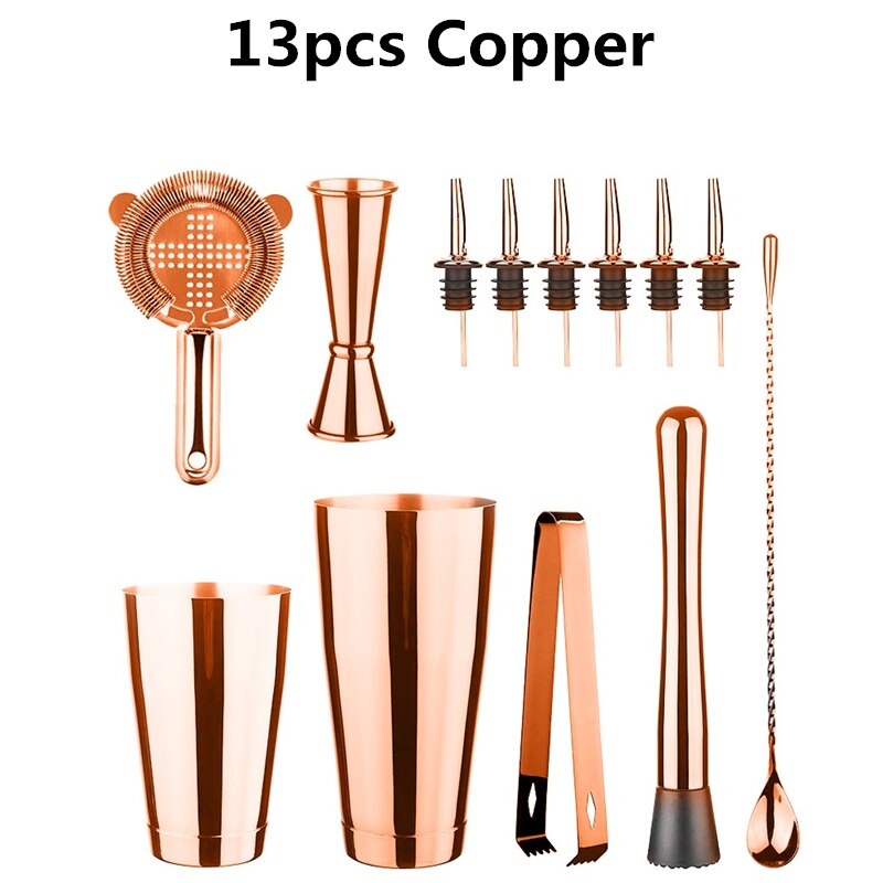 13 pçs/set aço inoxidável cocktail shaker gelo tong mixer bebida boston bartender browser kit barras conjunto ferramentas barra profissional: 13pcs Copper