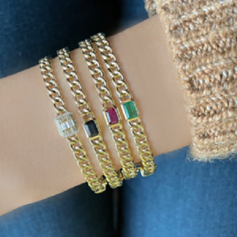 Gold-colored cuban link chain band bangle bracelet with colorful rectangles, czech-style european women's jewelry