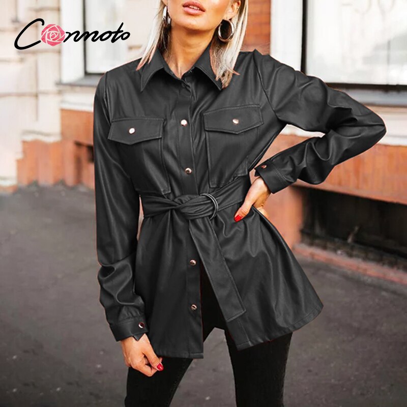 Conmoto Jahrgang PU leder bluse frauen mit gürtel Kausalen Turndown kragen Spitzen Herbst Winter schick tasche Shirt Dame: Schwarz / L