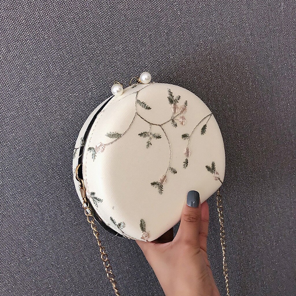 Embroidery Flowers Women Round Clutch Evening Bags Gold Chain Shoulder Bags Girls Handbags Purses Party Bag #YL5