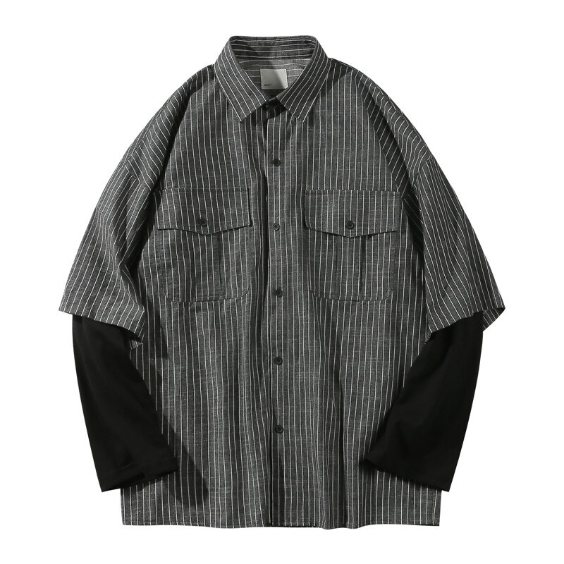 Mørkt ikon stribede lommer overdimensioneret skjorte mænd preppy stil mænds skjorter patchwork ærme studerende drengeskjorter: Sort stribe / Xxl