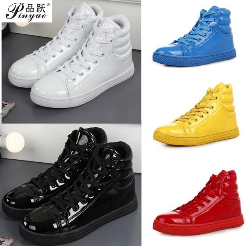 women and Men&#39;s High Top Patent Leather PU Casual Flats Shoes Man Outdoor Footwear Leather Ankle Boots Mens Martin Boots