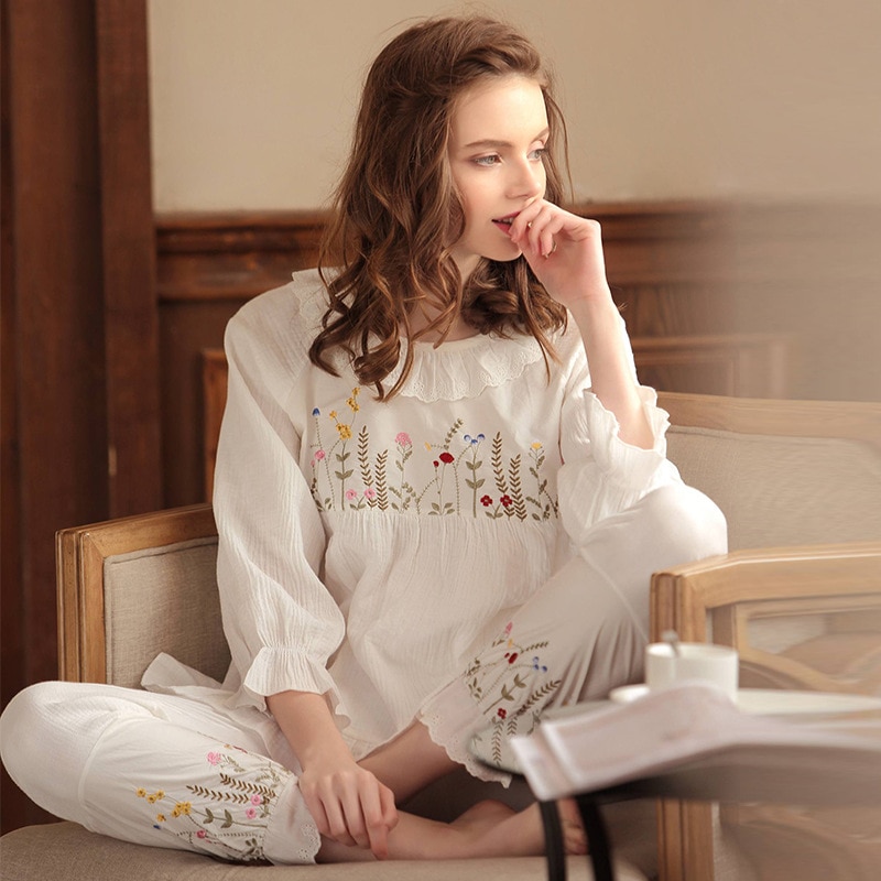 XIFER Women Lolita Pajama Sets Lace Embroidered Flowers Tops Long Pants Vintage Ladies Pyjamas Set.Victorian Sleepwear