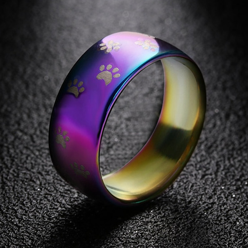 Nette Katze Hund Pfote Ring Schmuck Breite 8mm Edelstahl Regenbogen Ringe für Männer und Frauen Haustier Ebene Schmuck liebhaber
