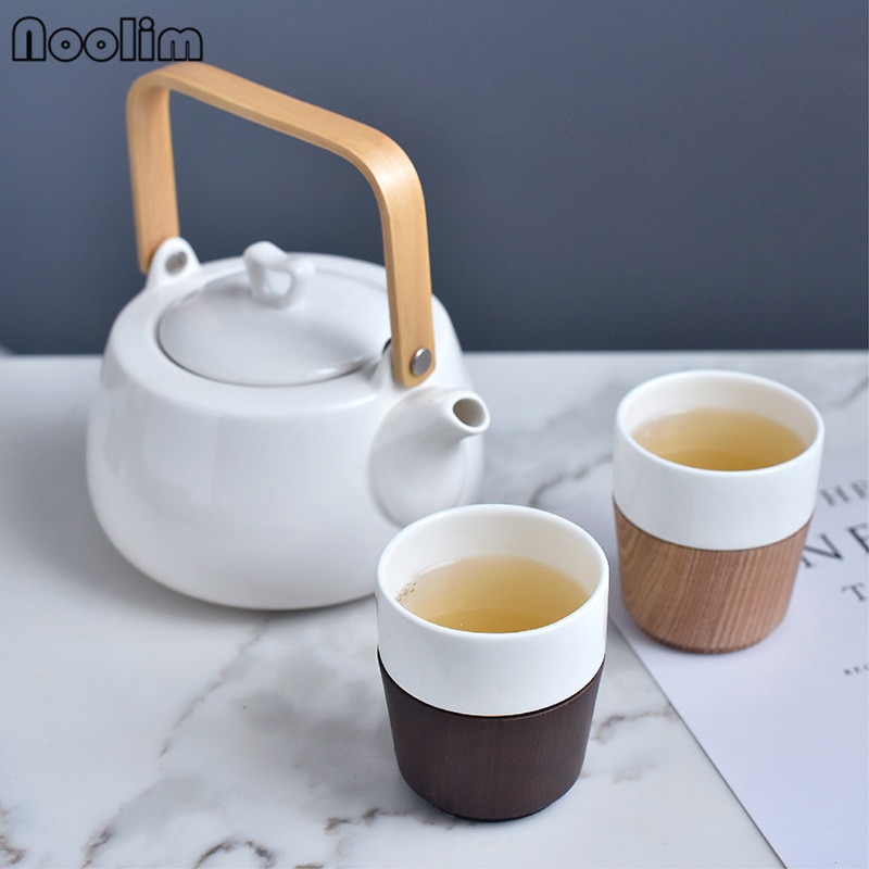 Japanese Style Handmade White Porcelain Tea Pot With Wooden Handle Concise Teaware Set