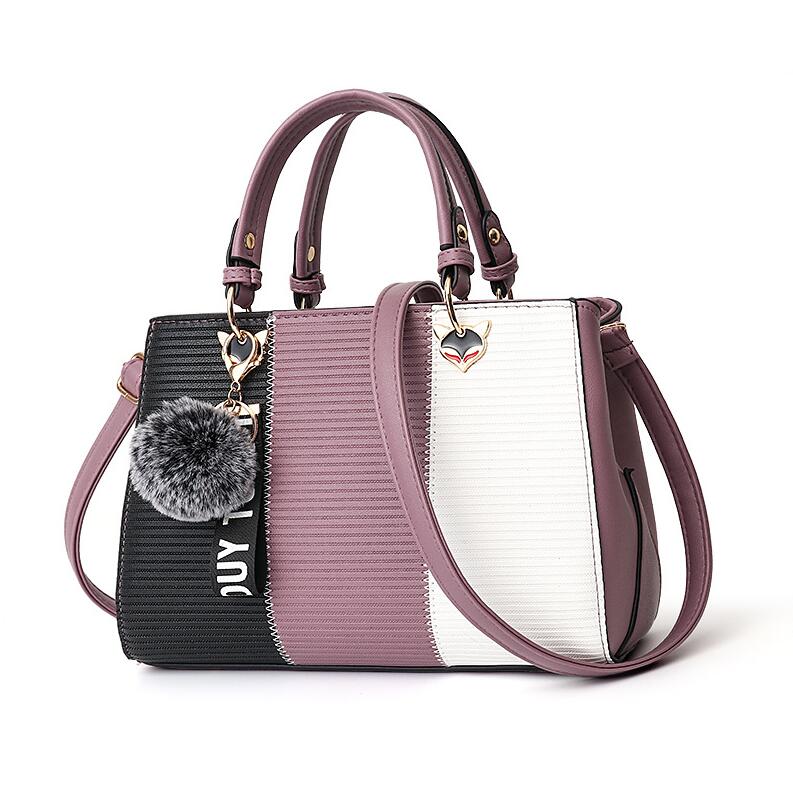 ACELURE PU Leather Handbag - Patchwork Design with Hairball Ornaments & Zipper Closure - Women's Shoulder Tote Bag: Purple