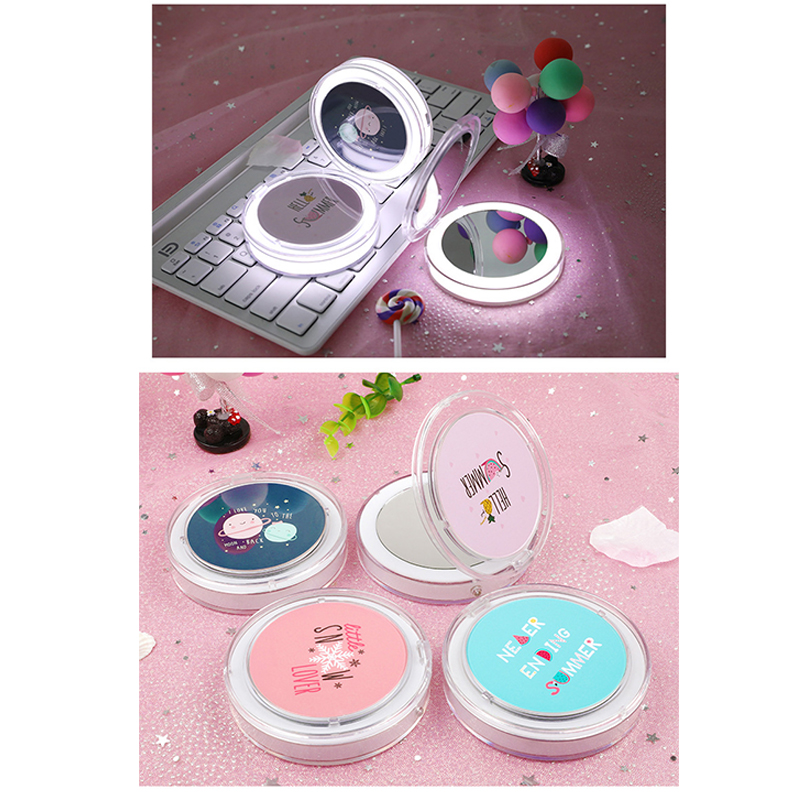 Makeup Mirror with LED Light Portable Compact Cosmetic Rechargeable Lighted Foldable Small Round Pocket Hand Mirrors