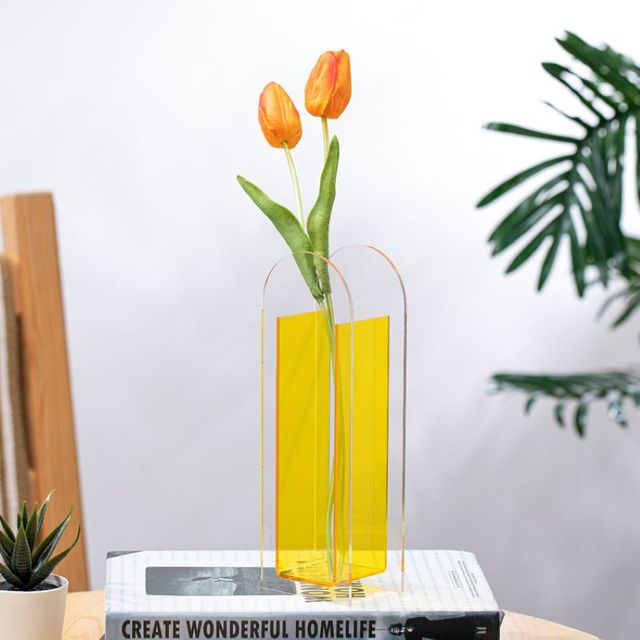 Akryl vase blænde farverige blomstervase indretning ornamenter lille vase kreativitet hjem stue dekoration: Gennemsigtig gul