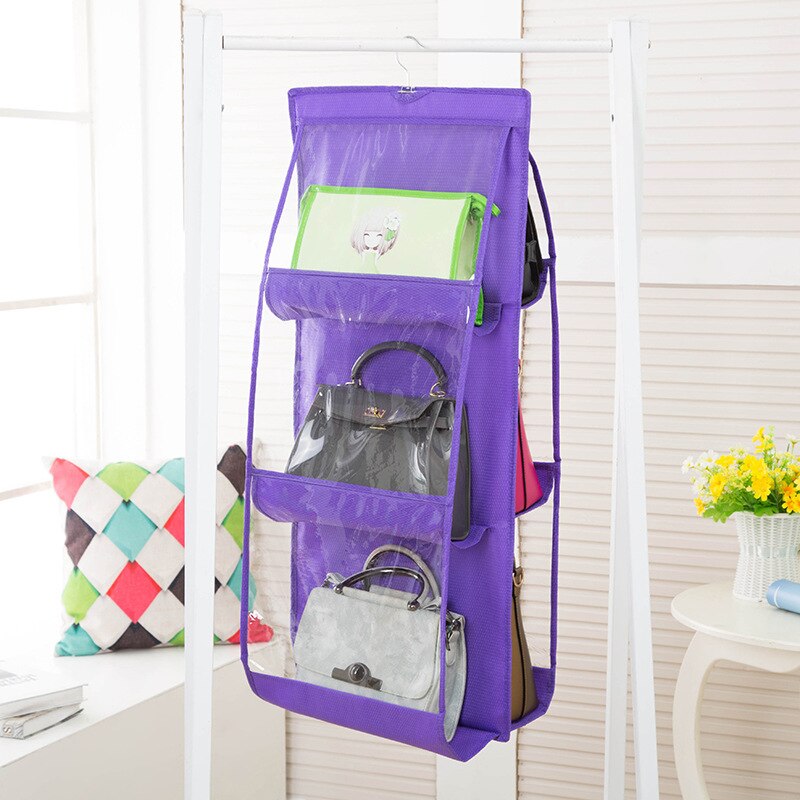 6 Pocket Hanging Handbag Organizer for Wardrobe Closet Transparent Storage Bag Door Wall Clear Sundry Shoe Bag with Hanger Pouch: Purple