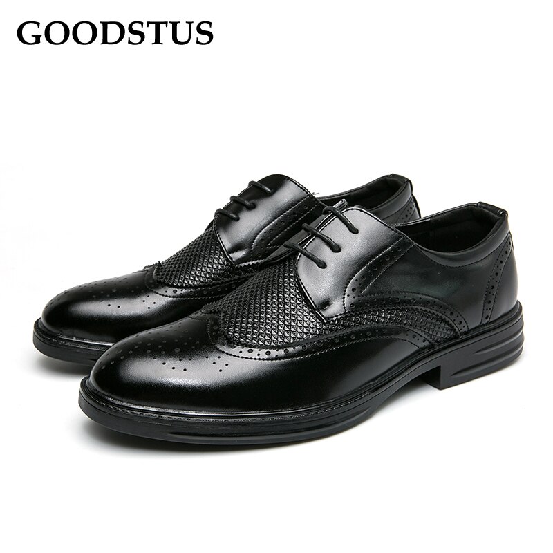 GOODSTUS Men Formal Brogues Shoes Pu Vamp Breathable Rubber Anti-Slip Bottom Comfortable Men Wedding Leather Dress Shoes
