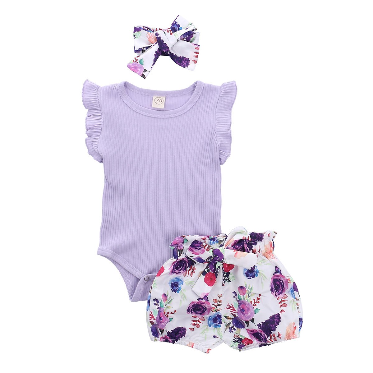 Mise au point 0-24M été filles garçons vêtements ensembles volants Shorts manches barboteuse Shorts floraux bandeau 3 pièces: VIOLET / 24M