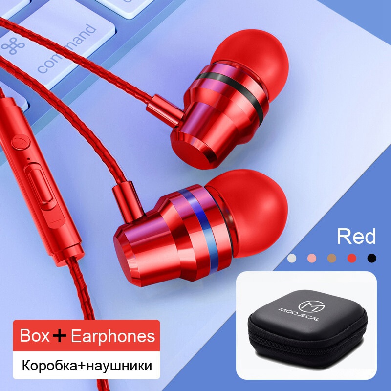 MOOJECAL In Ear Wired 3.5mm Earphone Earbuds Music Headphone for Xiaomi Samsung Iphone Smartphone with Microphone Wired Headset: Red with Box