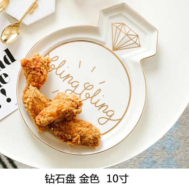 Plato grande de cerámica con corona dorada y diamantes, plato de joyería para desayuno, platos occidentales para comida y fruta, decoración de la bandeja para guardar artesanales: Golden Diamond