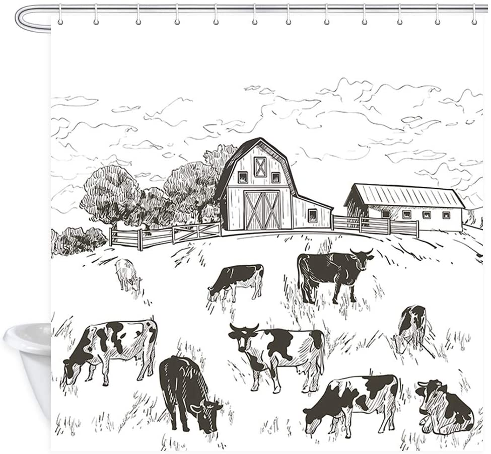 Boerderij Douchegordijn Landelijke Kudde Koeien Kalveren Veld Oude Schuur Huis Bomen Dieren Hekken Polyester Badkamer Bad Gordijnen Set