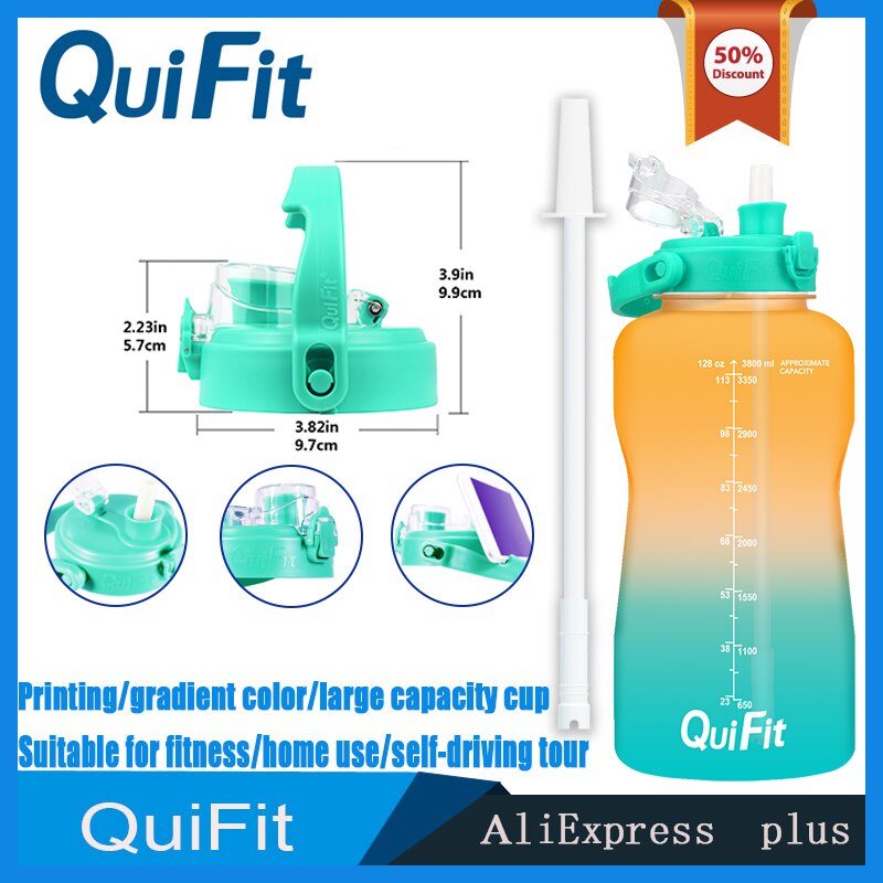 QuiFit water bottle 3.8L bouncing lid gallon water bottle cuptime stamp trigger no BPA, sports phone holder fitness water bottle: Orange-green