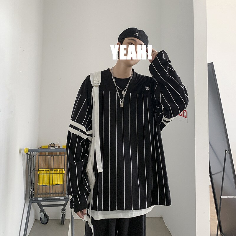 Striped V-neck Loose Sweatshirt Men Boy Korean Style Oversized Men's Sweatshirts Student Clothing