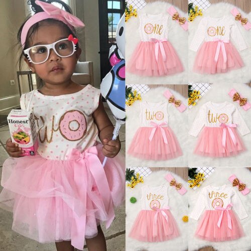 1st 2nd 3rd Third Birthday Donut Polka Dot Dress Girls Toddler Outfits Tutu Dresses Princess Party Dress