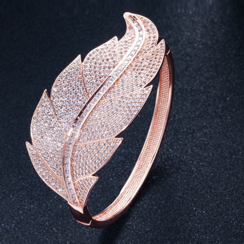 CWWZircons Luxury Brand Women Wedding Jewelry Cubic Zirconia Leaf Shape Big Wide African Dubai Rose Gold Open Bangles BG015