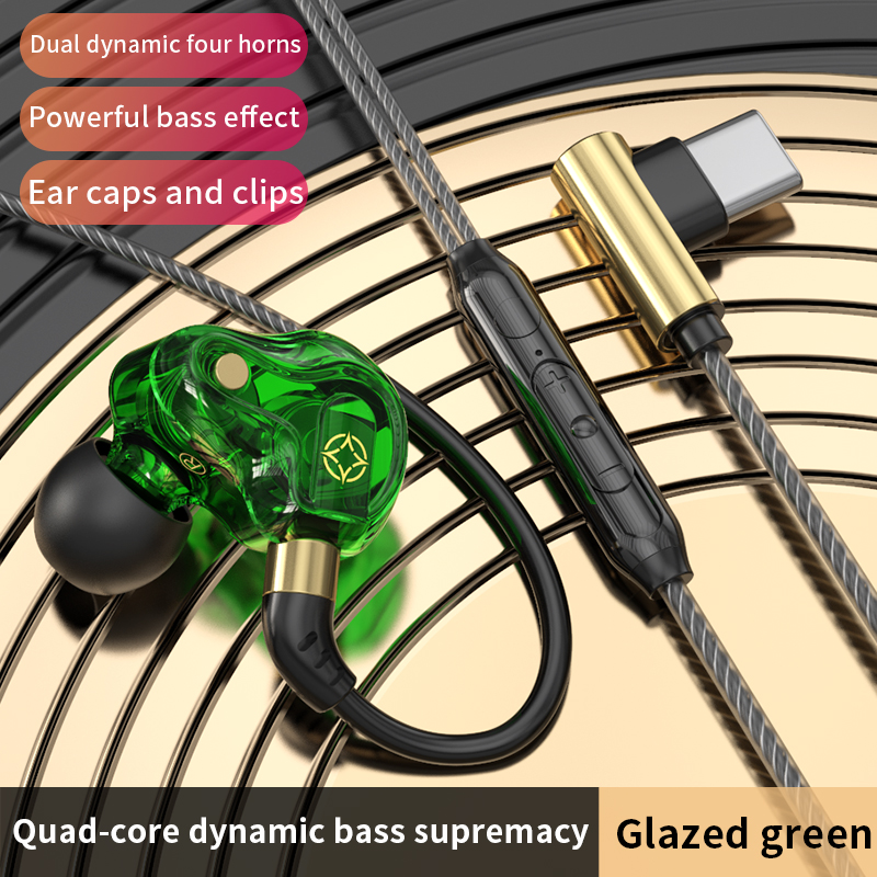 L-Buchse Gaming-Kopfhörer Typ C 3,5 mm 45 ° Schräge In-Ear-Kopfhörer mit Kabel, HiFi-Surround-Sound, Freisprech-Mikrofon-Kopfhörer: Grün