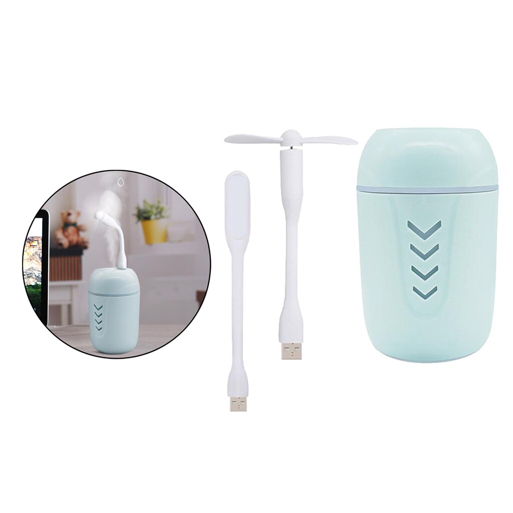 Portable Mini USB Humidifier, 200ml Low Noise Humidifier with Colors Night Light and Mini Fan, USB Cable: Blue