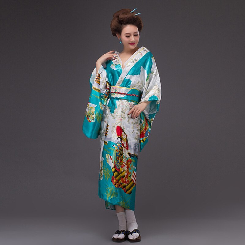 Japanese Women Original Yukata Dress Traditional Kimon Performance Dance Costumes samurai японская одежда kimono feminino: sky blue