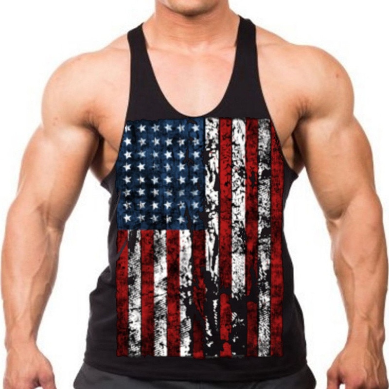 mannen Amerikaanse Vlag Sportscholen Tank Tops Gespierde Fitness Bodybuilding Tank Top Schedel Ademend Vest Badminton Shirts