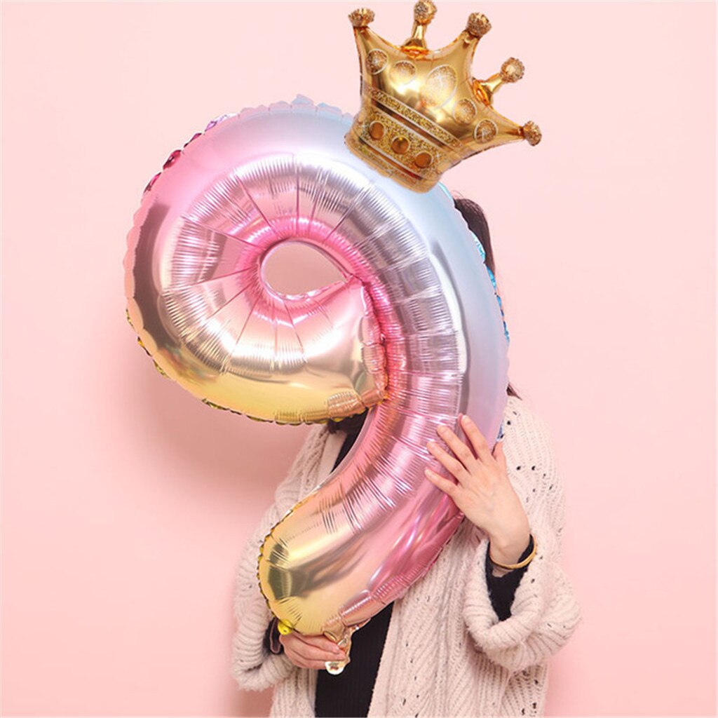 Large 32inch Helium Air Digit Figure Big Crown Number Foil Balloon Birthday Party Decorations Kids Fast: Ivory