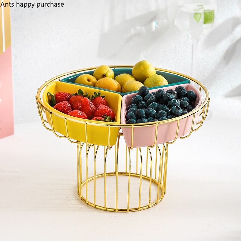 Prato de frutas de cerâmica com pés altos, cesta de frutas de ferro com três grades, prato de doces para casa, bandeja de lanche, decoração, utensílios de mesa