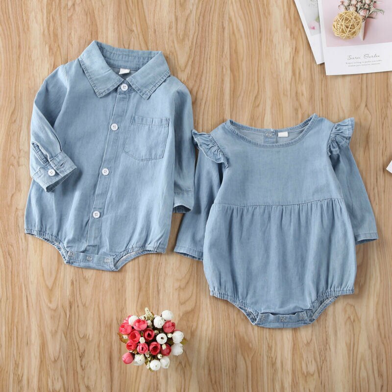 Bodysuit Voor Pasgeborenen Twins Baby Jongen Meisje Lange Mouwen Blue Denim Shirts Ruche Bodysuit Jumpsuit Zusters Brothers Kleding