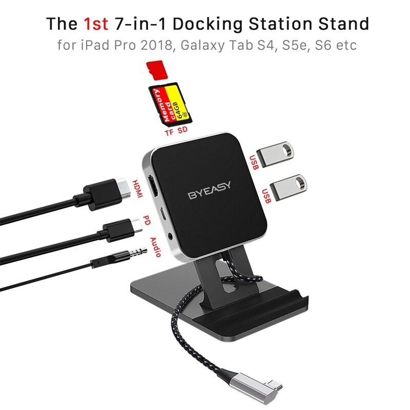 BYEASY UC-167 for iPad Pro USB C Hub Stand Dongle Adapter with 4K HDMI SD/Mini Card Reader USB 3.0 Headphone Jack