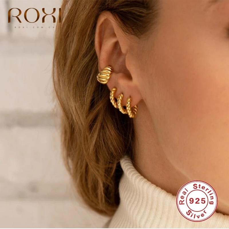 ROXI Vintage Spiral Twist Cartilage Hoop Earrings for Women Men Punk Party Earrings 925 Sterling Silver Pendientes Mujer Aros