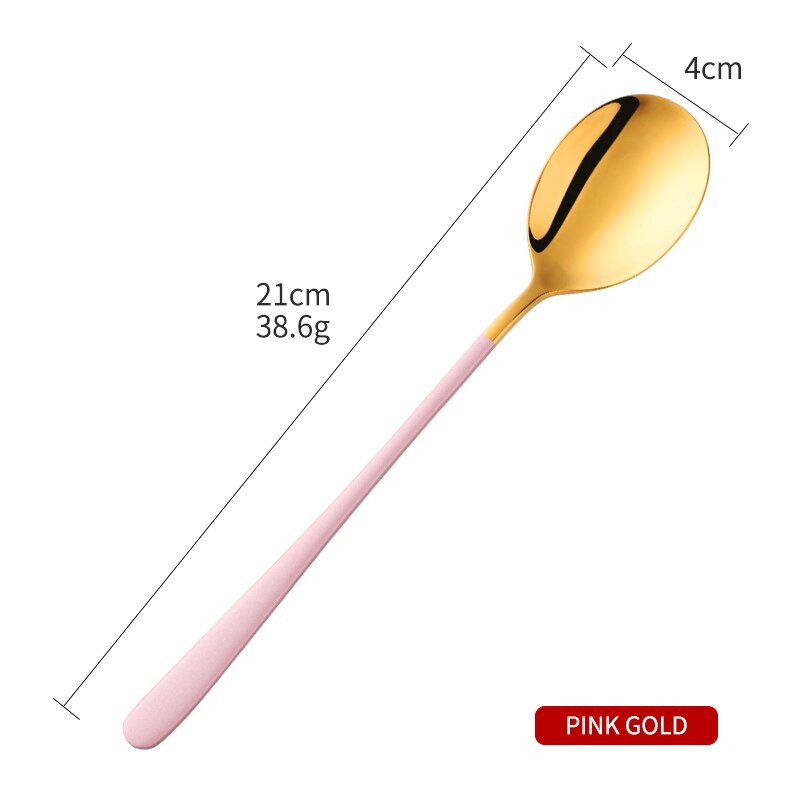 1PCS Korea Spoon Stainless Steel Soup Spoon Long Handle Gold Dessert Spoons Round Dinner Spoon Set Tableware Set: Pink Gold