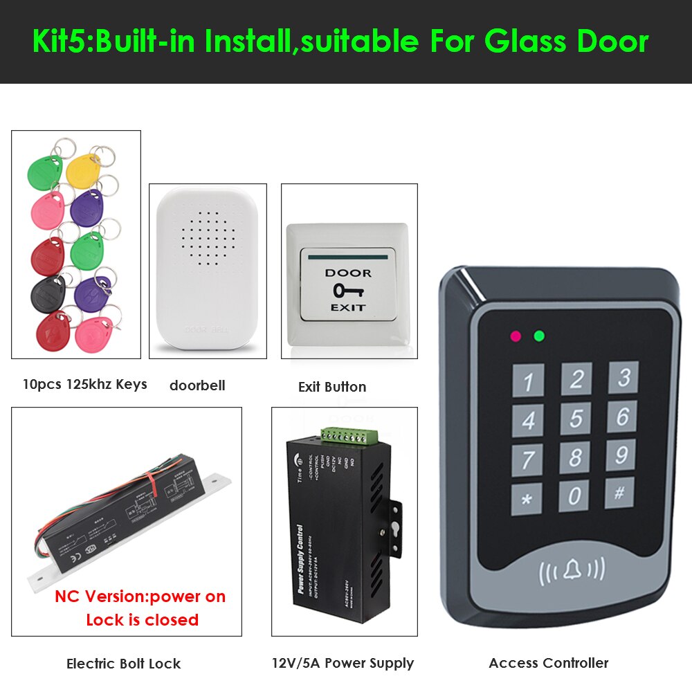 RFID keyboard keys Smart Door Access Control System With Power Supply 180KG electronic lock Door Access Control System Kit: Kit 5