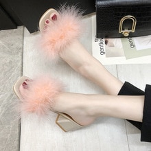 Gennemsigtig pels slides kvinder sko tykke høje hæle fluffy fjer hjemmetøfler slip på firkantet tå dame lodne hår klipklapper