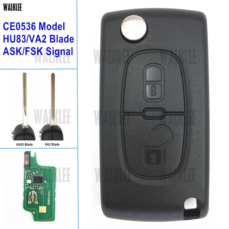 WALKLEE Remote Key Suit for Citroen C2/C3/C4/C5/Berlingo/Picasso 2 Buttons, CE0536 Model, HU83/VA2, ASK/FSK